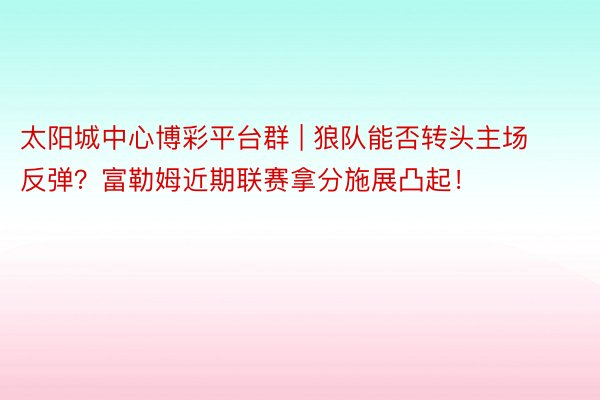 太阳城中心博彩平台群 | 狼队能否转头主场反弹？富勒姆近期联赛拿分施展凸起！